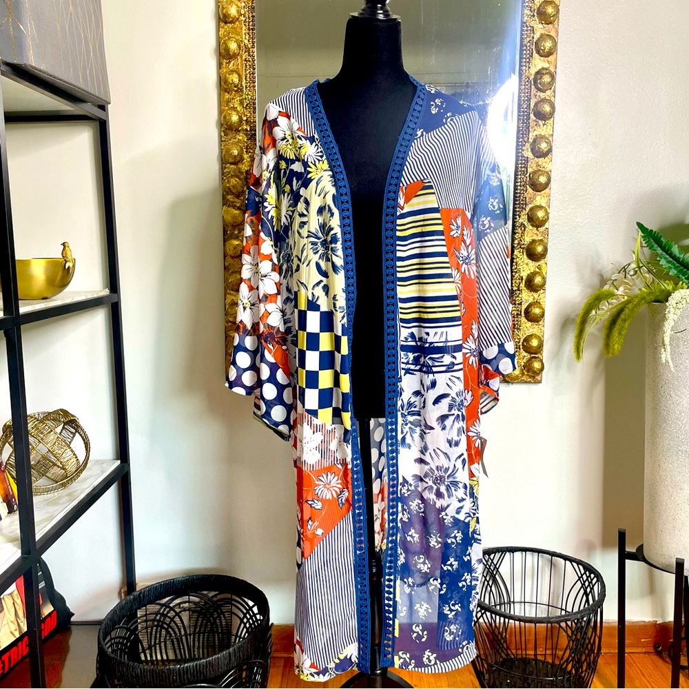 NWT Women’s Multi-print Sheer Longline Kimono Duster Size Large Roz & Ali